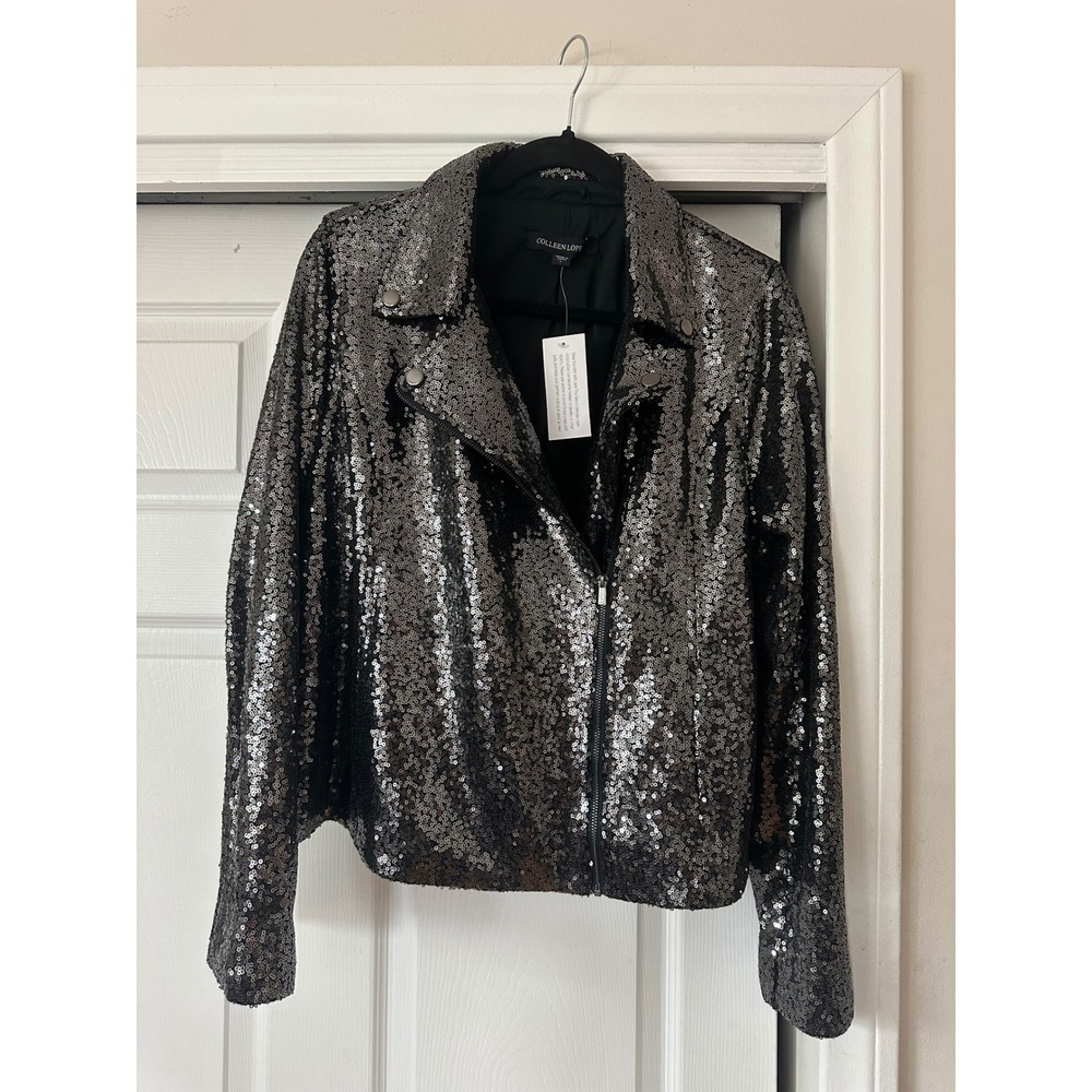 Colleen Lopez Sequin Moto Jacket Black Silver Metallic Biker Zip Up Large NEW